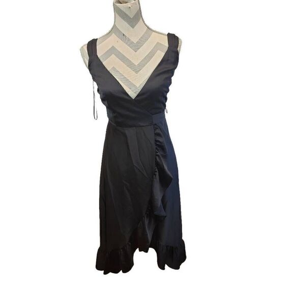 Blue Rain Black Sleeveless Ruffle Wrap Dress Size S J7 - Picture 9 of 9